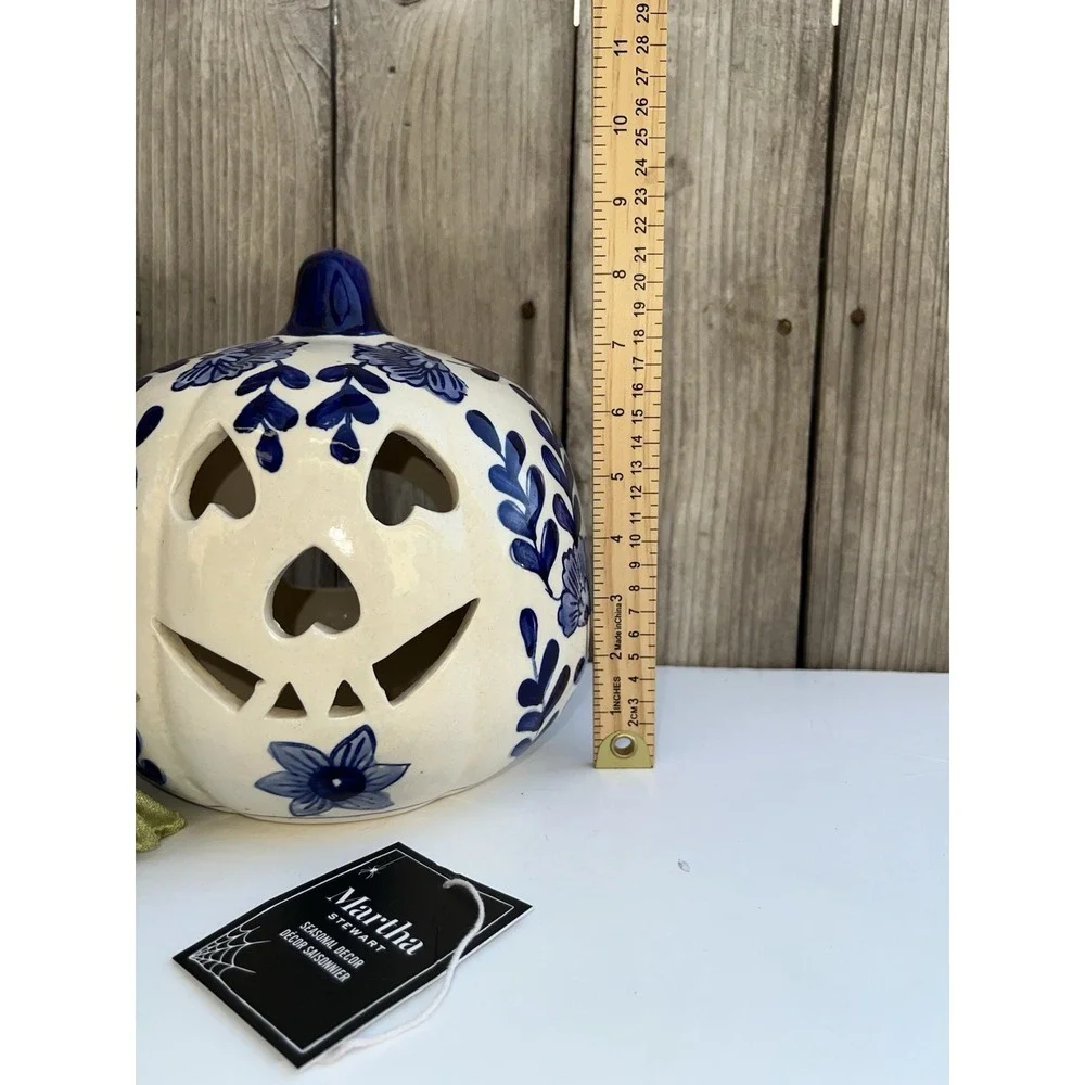 Martha Stewart Fall Halloween Ceramic Pumpkin Jack O Lantern Blue White Candle